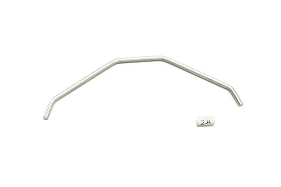 A silver metal sway bar for an RC car, accompanied by a small white marker labeled 2.8.
