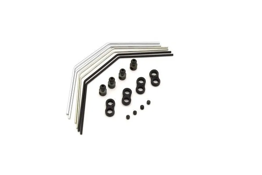 Kyosho Stabiliser Set for FZ02 chassis including various metal sway bars and black plastic mounting hardware on a white background.