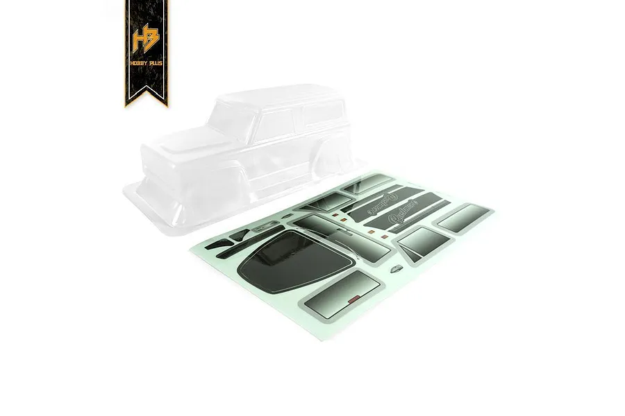 A clear, unpainted Hobby Plus Rushmore RC body shell with a matching decal sheet on a white background.