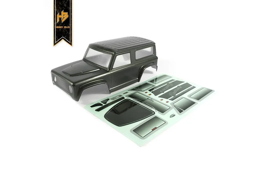 A metallic grey Hobby Plus 1/18 scale RC crawler body shell with a matching decal sheet on a white background.