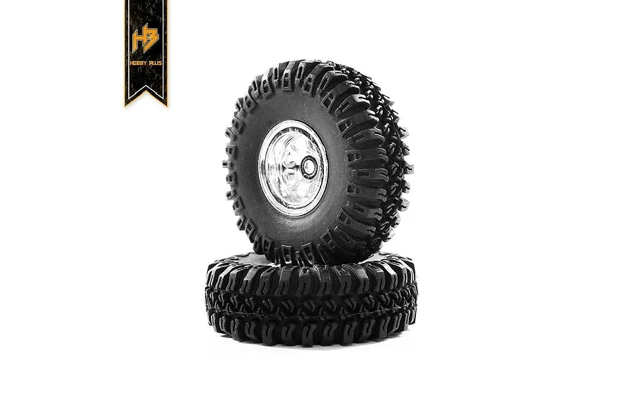 Hobby Plus 1.0&amp;quot; Grabber MT Tyres on Chrome Rims - Beadlocked Wheel Set image 61757