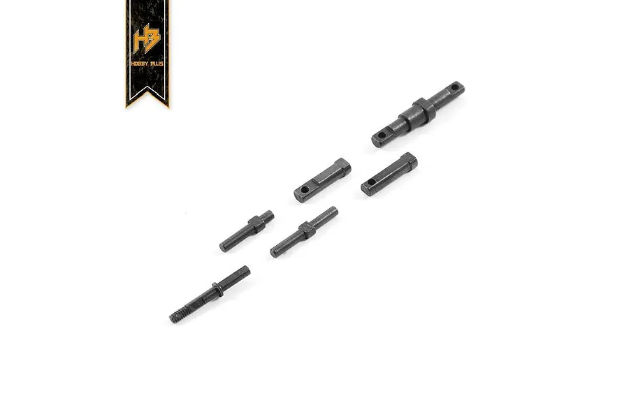 A set of six small metal differential gear shafts for Hobby Plus RC vehicles, arranged on a white background with a brand logo in the corner.
