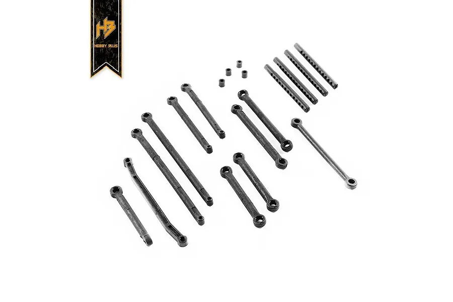 A set of black plastic suspension linkages and small spacers for the Hobby Plus CR-18 RC crawler, arranged on a white background.