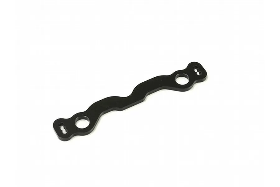 A black anodized aluminium steering plate for Kyosho RC cars, featuring a wavy design with two large circular holes and two smaller slotted holes.