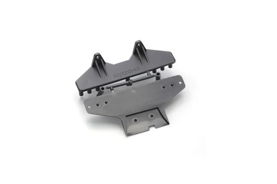 Kyosho bumper mount for 1/8 Inferno GT RC car, showing two black plastic parts on a sprue against a white background.