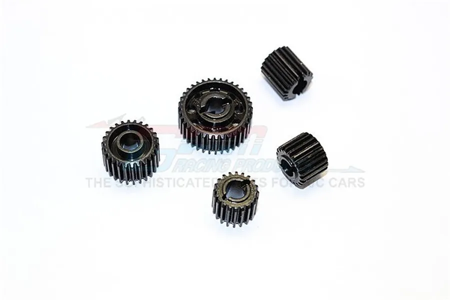 A set of four black hardened steel differential gears for an Axial SCX10 II RC car, arranged on a white background with a faint GPM Racing logo.