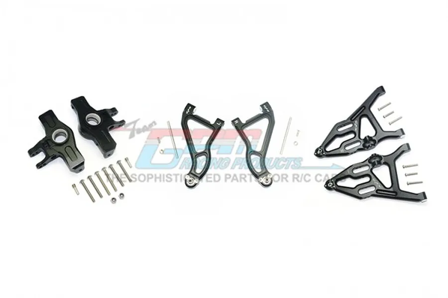 GPM Aluminium Front Suspension Arms &amp;amp; Steering Hubs Set - Black image 62089
