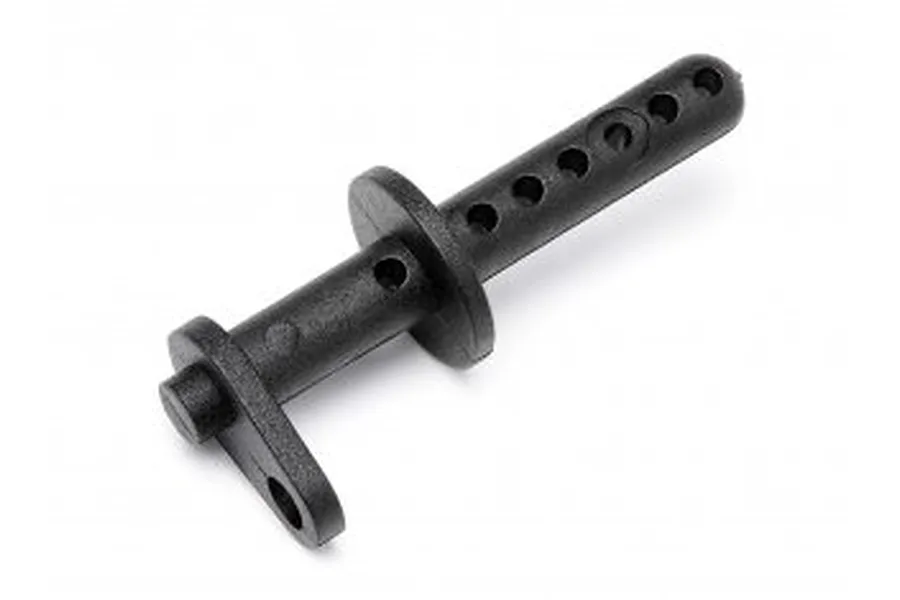 A black plastic RC car body post with multiple adjustment holes, designed for the Maverick Strada 1/10 scale model.