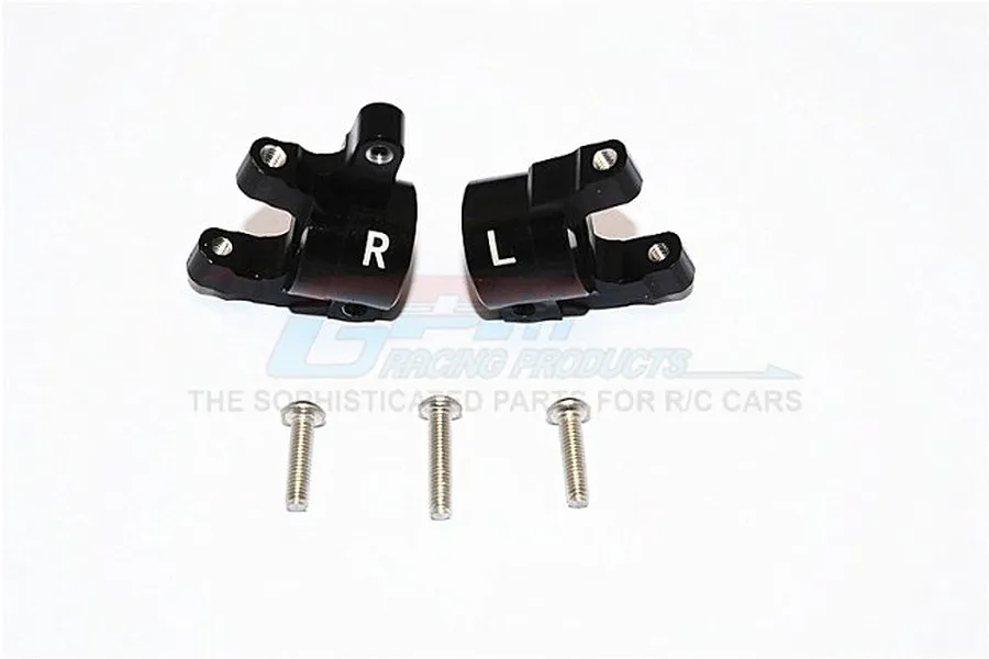 Two black aluminium steering hub carriers marked R and L with three silver metal screws on a white background.