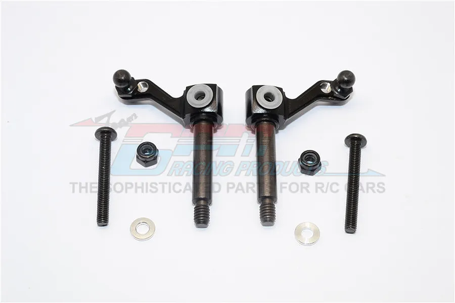 Two black aluminium steering hubs for RC cars, including mounting screws, nuts, and washers, displayed on a white background.