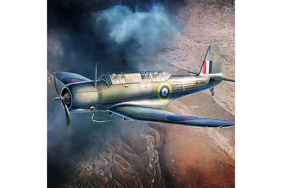 An artistic illustration of a V-156-B1 Chesapeake military aircraft flying over a rugged landscape with dark, stormy clouds in the background.