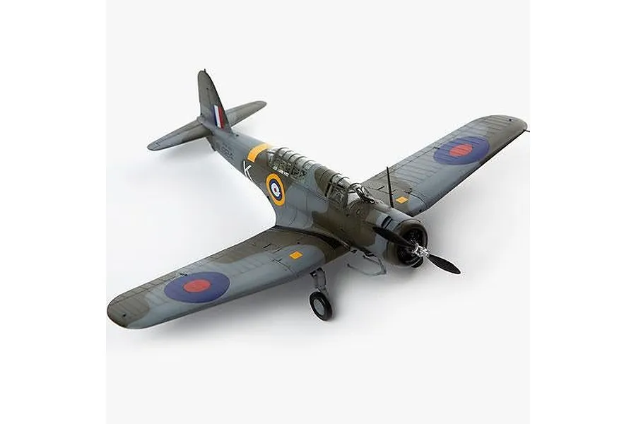 A fully assembled and painted 1/48 scale model of a V-156-B1 Chesapeake military aircraft with British Royal Air Force markings.
