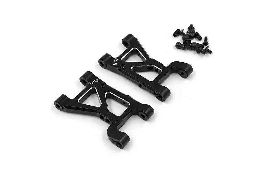 Two black aluminium front lower suspension arms for Tamiya XV-01 by Yeah Racing, with included mounting hardware on a white background.