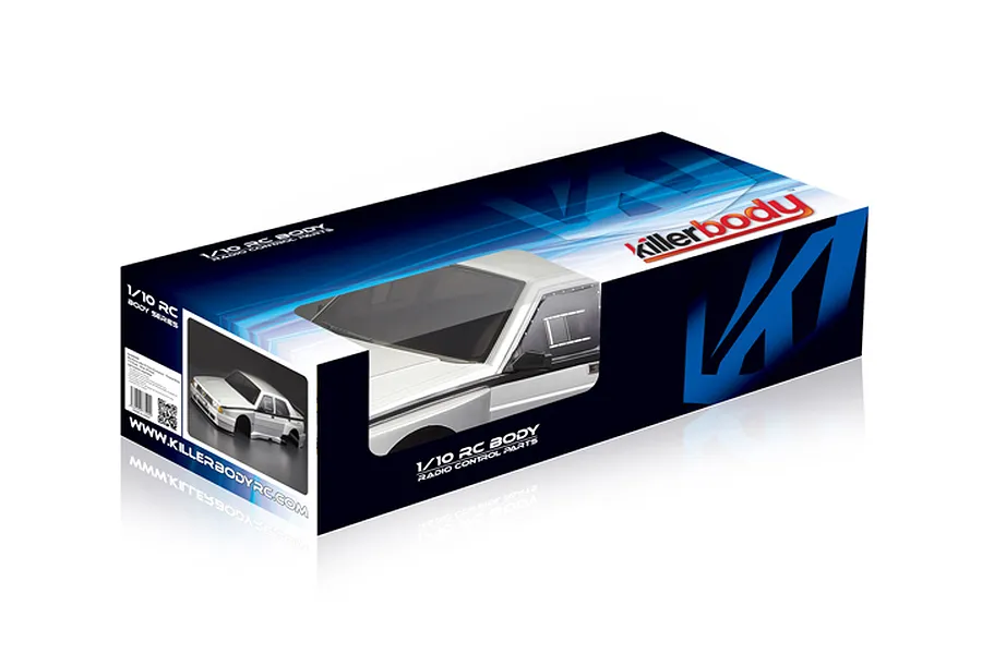 Killerbody 1/10 scale Alfa Romeo 75 Turbo Evoluzione body shell packaging box showing a silver painted RC car body.