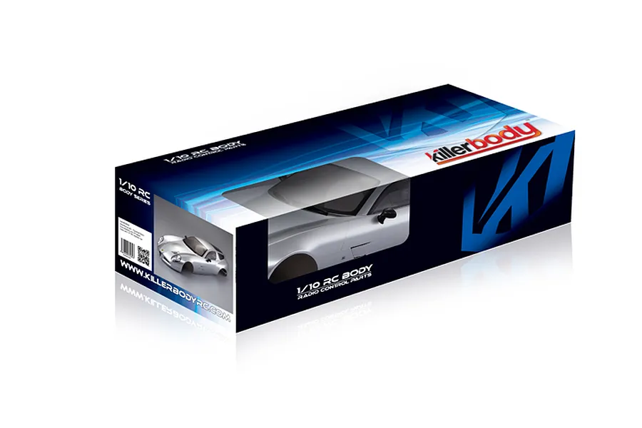 Killerbody 1/10 scale Alfa Romeo TZ3 Corsa silver RC body shell inside its branded retail packaging box.