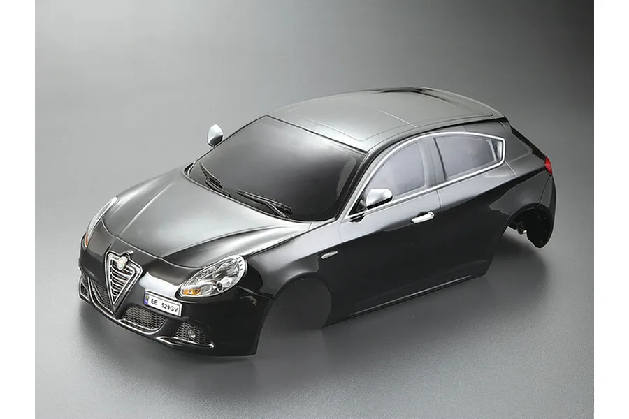 A 1/10 scale black painted Alfa Romeo Giulietta RC car body shell by Killerbody, shown from a high-angle front three-quarter view.