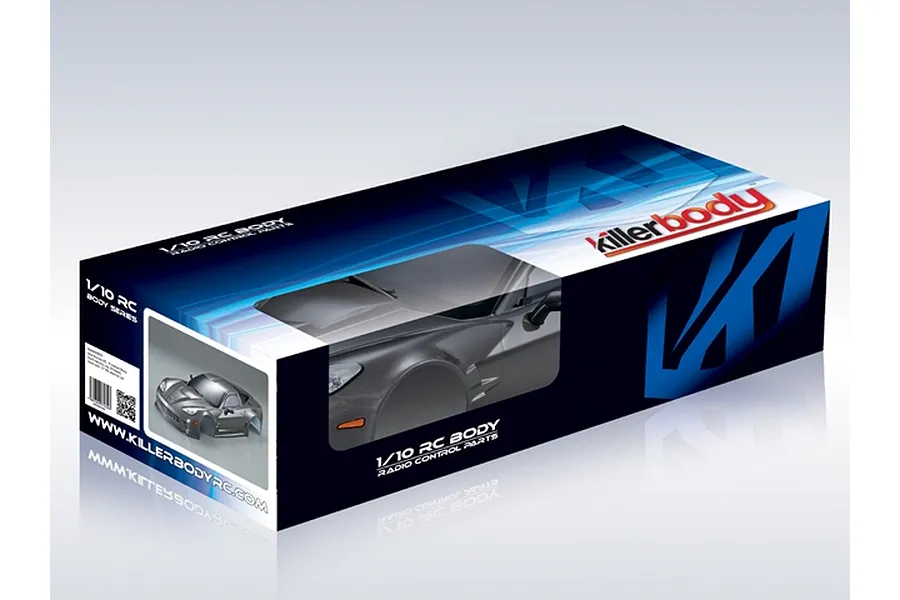 Killerbody 1/10 scale Corvette GT2 RC car body shell packaging box showing the silver grey painted body inside.