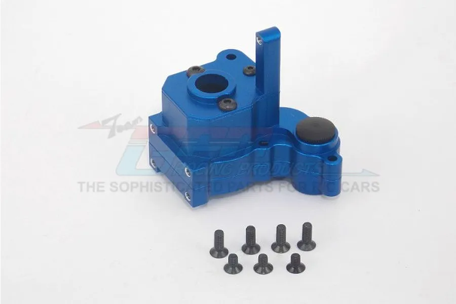 A blue anodized aluminium RC gearbox case with black screws on a white background.