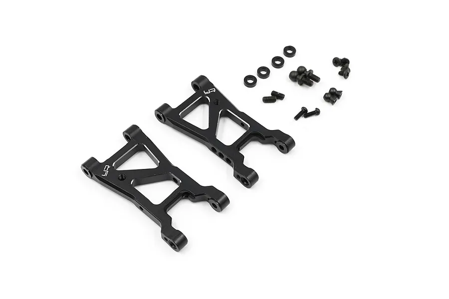 A pair of black aluminium RC rear suspension arms by Yeah Racing, including mounting screws, ball studs, and spacers on a white background.