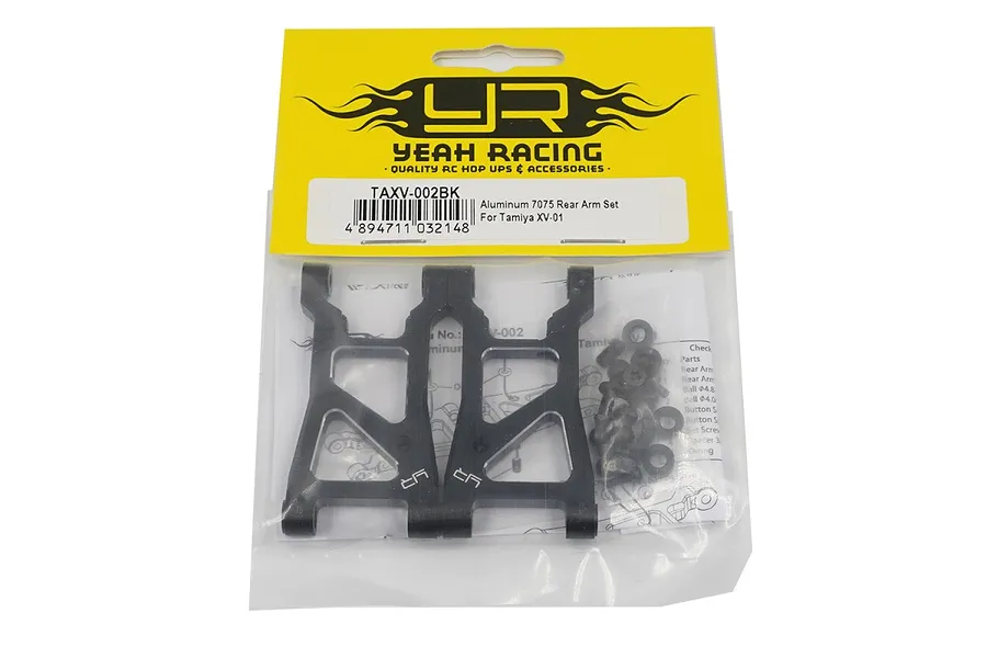 Yeah Racing aluminium rear arm set for Tamiya XV-01 in black packaging with yellow header card.