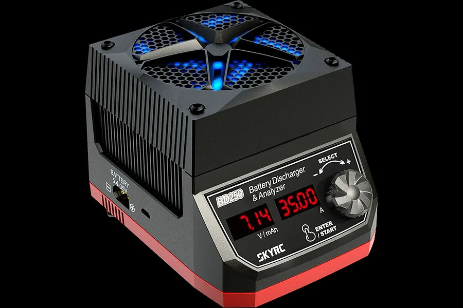 SkyRC BD250 battery discharger and analyzer unit with a black and red housing, digital display, and top cooling fan with blue LED lighting.