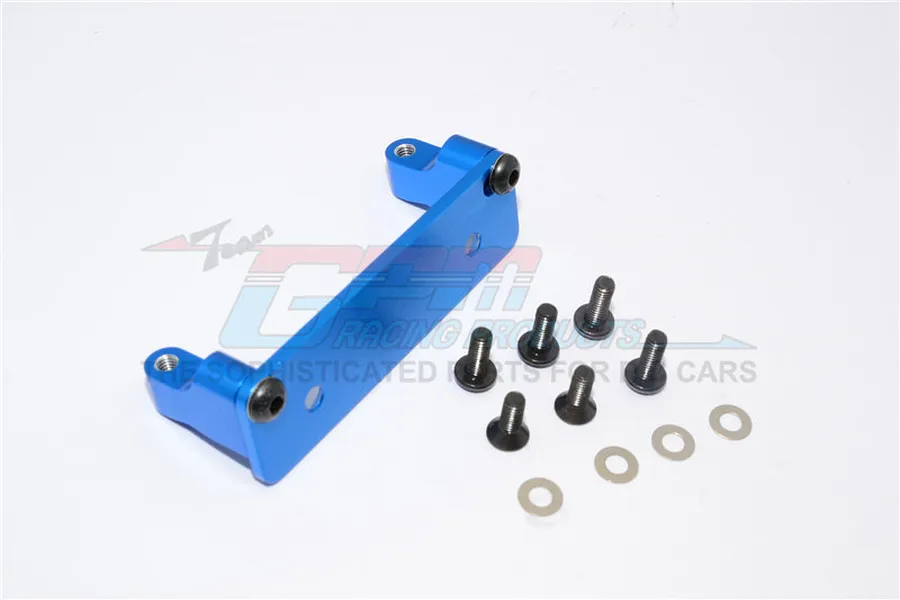 GPM Racing blue aluminium servo mount for RC cars, including mounting screws and washers on a white background.