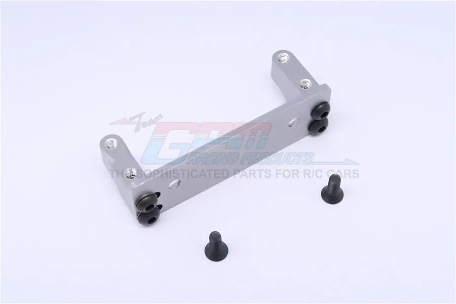 A GPM Racing grey aluminium servo mount with included black screws on a white background.