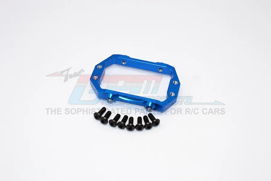 A blue anodized aluminium servo mount with a set of black screws on a white background.