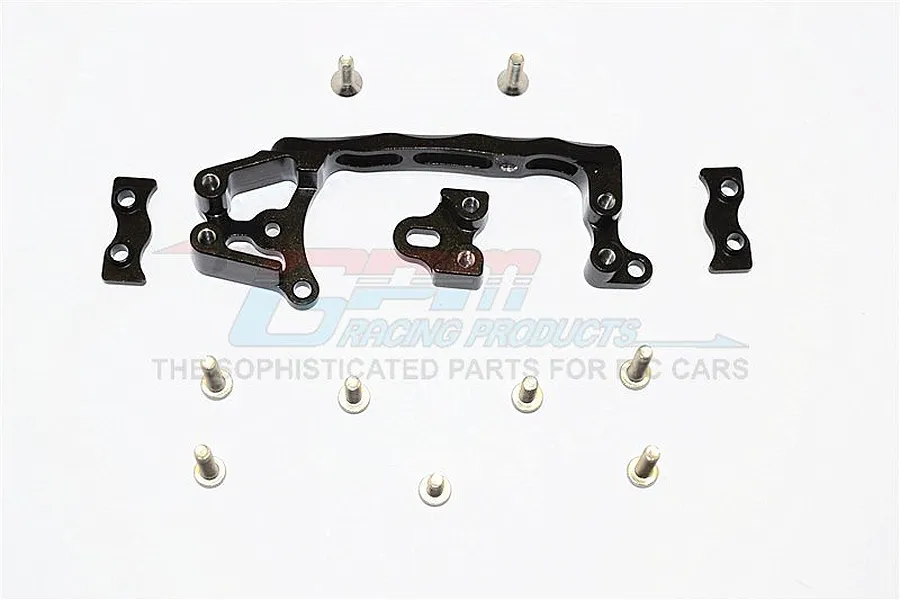 GPM Racing black aluminium servo mount set for RC cars, including main mount, side plates, and various mounting screws on a white background.