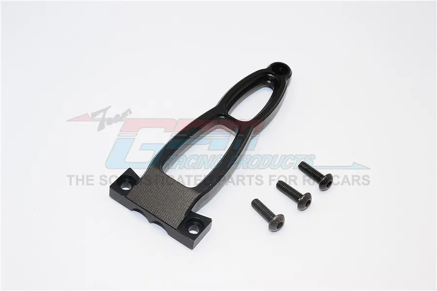 GPM Racing black aluminium front arm bulkhead brace with three included mounting screws on a white background.