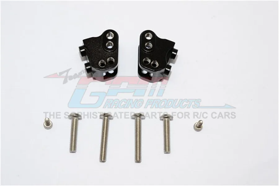 Two black aluminium GPM Racing linkage mounts with included screws on a white background.
