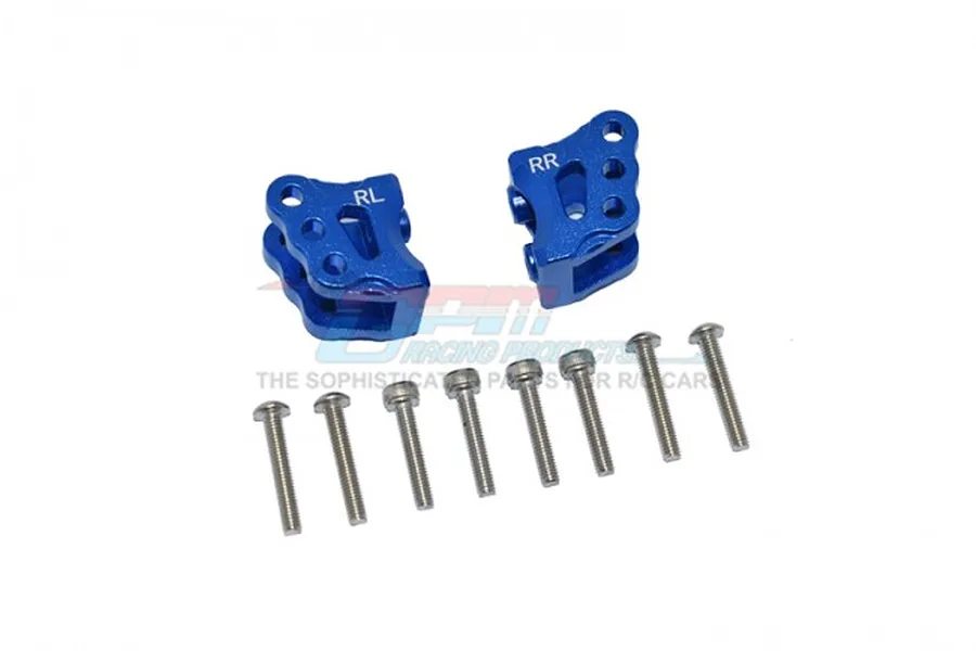 Two blue anodized aluminium rear linkage mounts labeled RL and RR with eight silver metal screws on a white background.