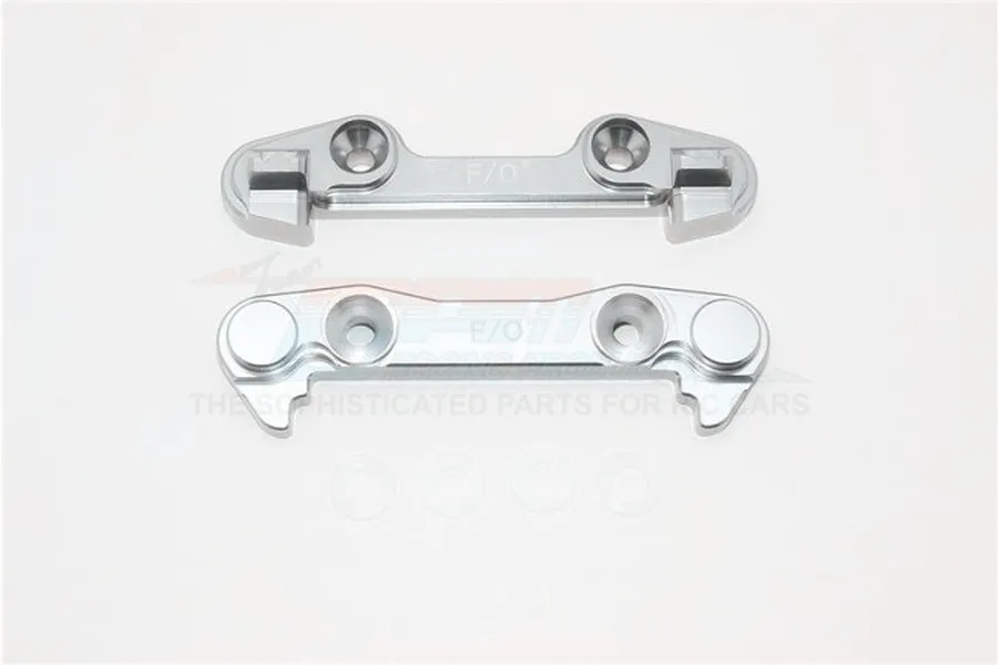 Two silver aluminium RC front suspension arm pin braces from GPM Racing, shown with four small washers on a white background.