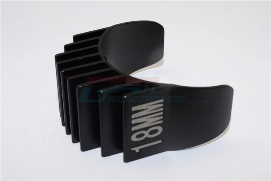 A black aluminium motor heat sink with 18mm engraved on the side, designed for RC car motors.