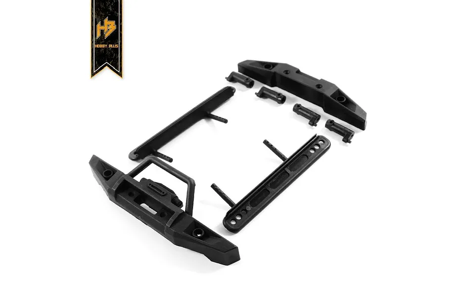 Hobby Plus CR-18 black plastic bumper and side step set for RC crawler, shown on white background with brand logo.