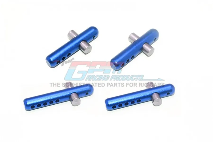 Four blue anodized aluminium RC body posts with silver metal cross-pins arranged on a white background.