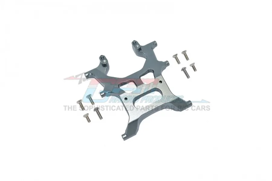 GPM Racing grey aluminium rear chassis brace for RC cars, shown with included mounting screws against a white background.