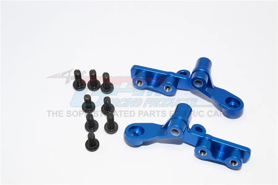 Two blue anodized aluminium RC front rocker arms with a set of seven black metal screws on a white background.