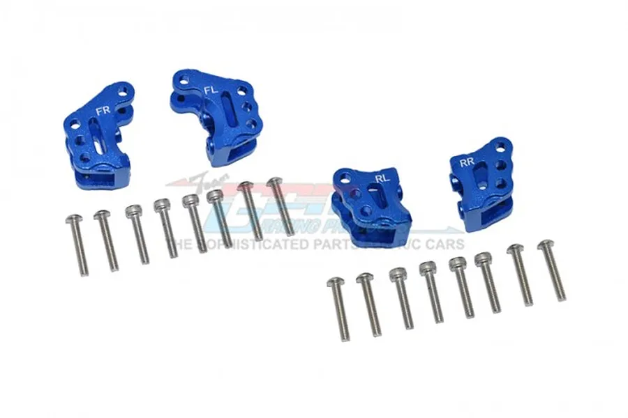 GPM Racing blue aluminium linkage mounts for RC cars, including four mounts labeled FR, FL, RL, RR and a set of silver metal screws.