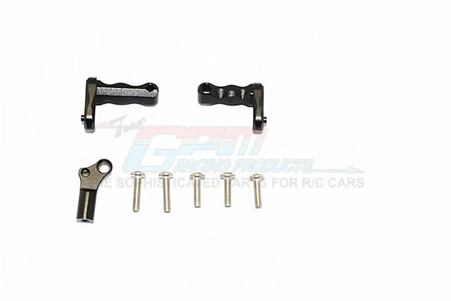 GPM Racing black aluminium transmission support mount set including three metal brackets and five screws on a white background.