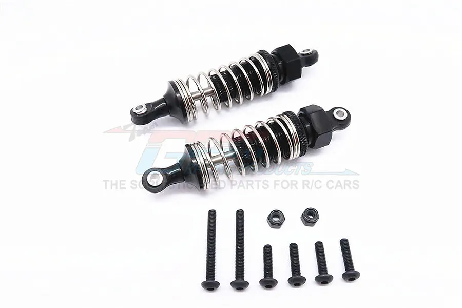 Two black GPM Racing aluminium RC shock absorbers with silver springs and included mounting hardware on a white background.
