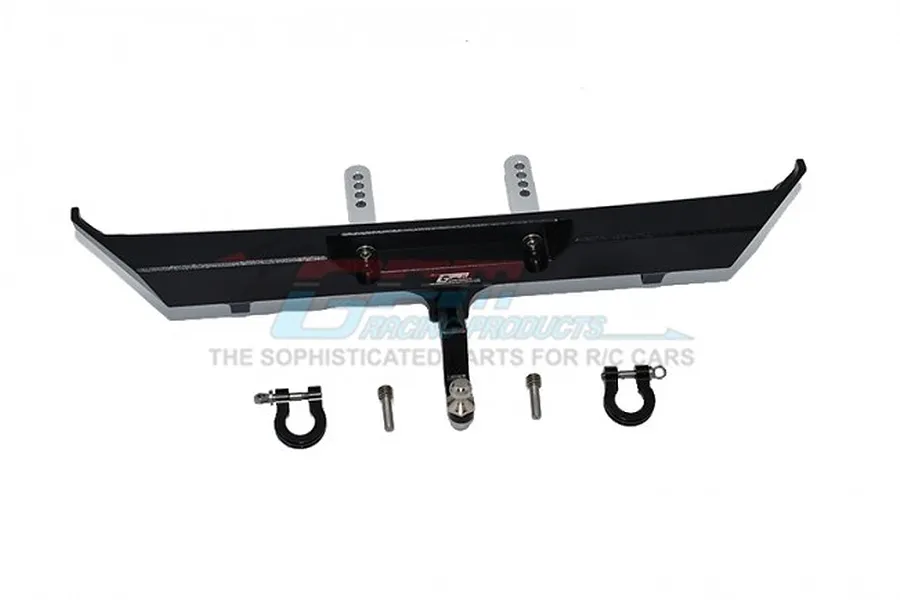 GPM Racing black aluminium rear bumper for RC cars, featuring a drop hitch, two D-rings, and mounting brackets against a white background.
