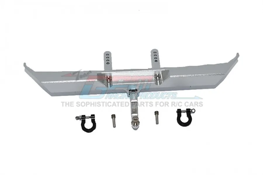 GPM Racing silver aluminium rear bumper for RC cars with two black D-rings, a drop hitch, and mounting hardware on a white background.