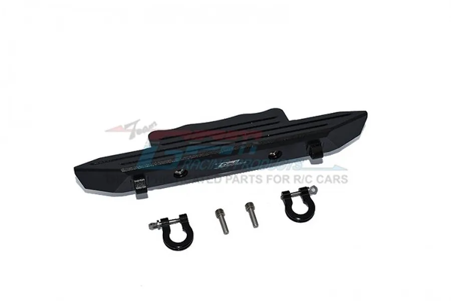 GPM Racing black aluminium front bumper for RC cars with two D-rings and mounting screws on a white background.