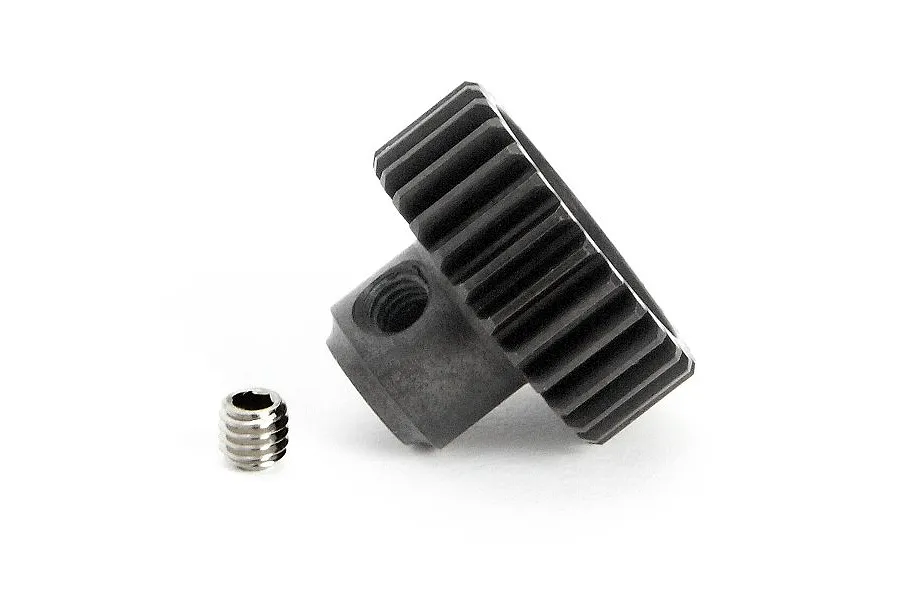A dark grey metal pinion gear with a small grub screw placed next to it on a white background.