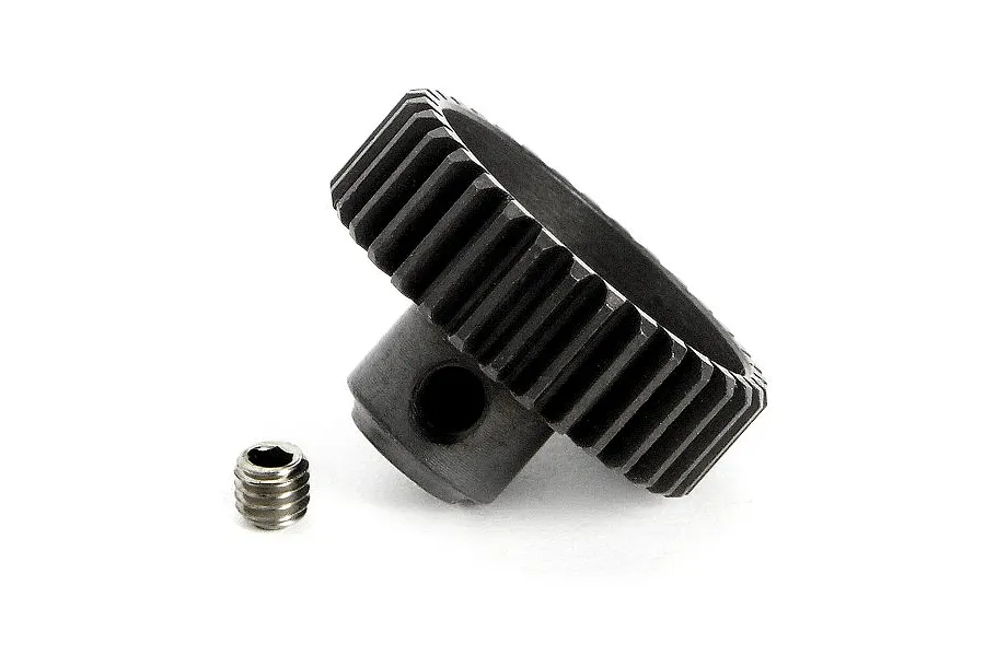 A black metal pinion gear with a separate grub screw on a white background.