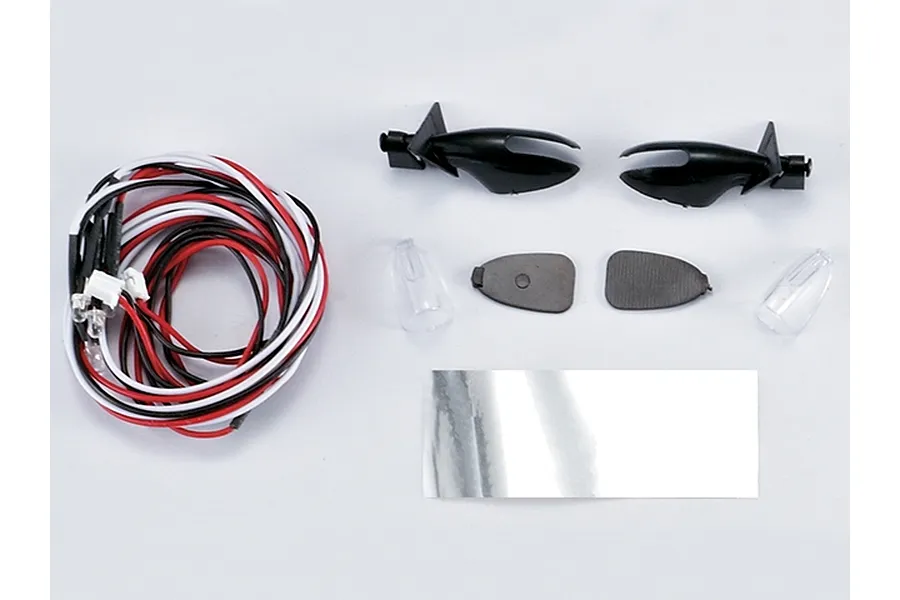 Killerbody 1/10 scale RC wing mirror set with LED lights, including mirror housings, lenses, wiring, and reflective stickers.