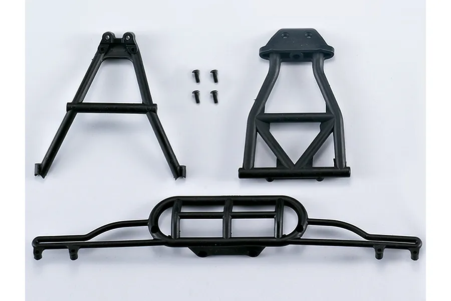 Killerbody 1/10 scale short course truck rear bumper assembly parts including a bumper, two support brackets, and four small screws on a white background.