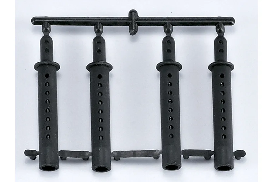 A set of four black plastic RC body posts still attached to their original injection molding sprue tree.