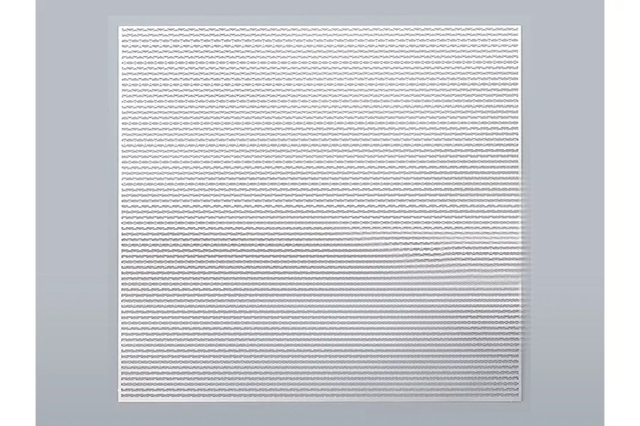 A square sheet of silver-coloured stainless steel mesh with a fine diamond bar pattern, isolated on a light grey background.
